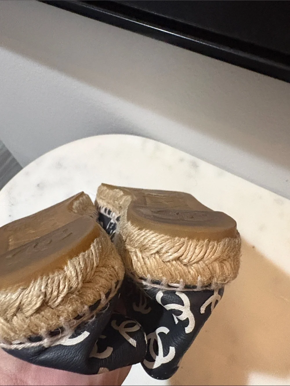 CHANEL Black Espadrilles with White CC Logo Print